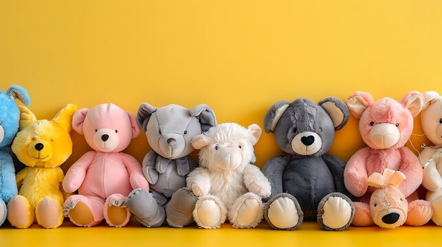 Soft plush toys for children sitting in row different toy animals for kids on yellow wall background