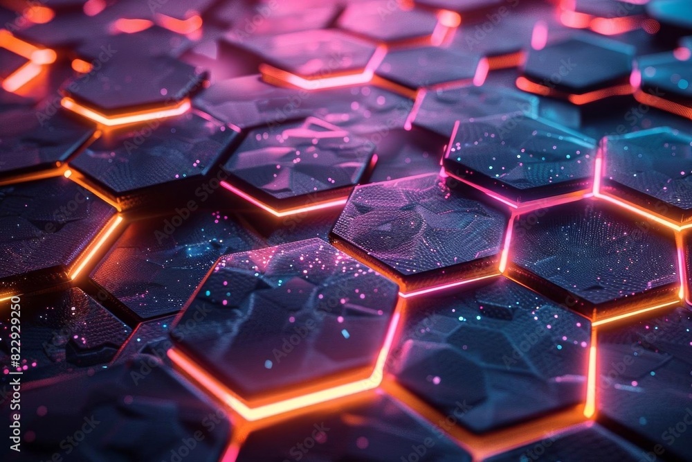 Poster create a seamless pattern with glowing hexagons. the hexagons should be dark blue with bright pink h