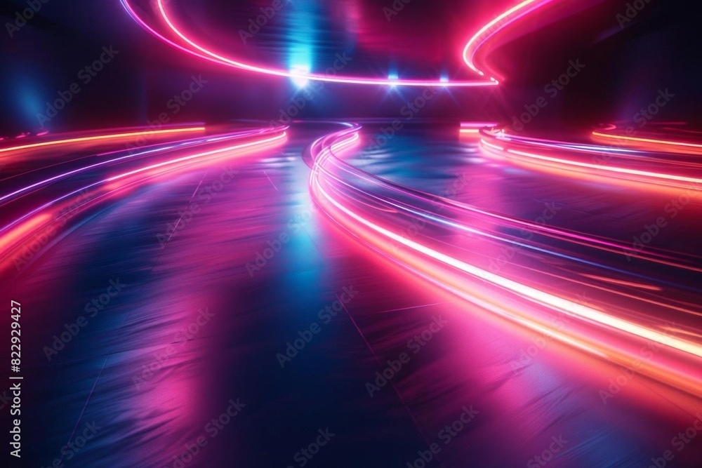Poster Create a 3D rendering of a futuristic racetrack with glowing neon lights