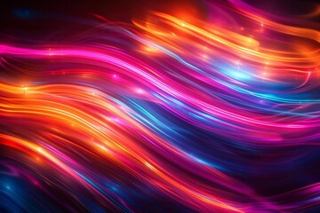 Fototapeta premium An abstract painting of vibrant glowing waves of color. The colors are pink, orange, blue, and purple. The painting has a sense of movement and energy.