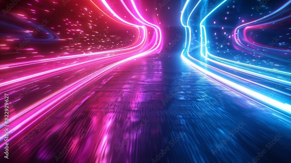 Poster create a 3d animation of a futuristic racetrack with glowing neon lights and a dark background