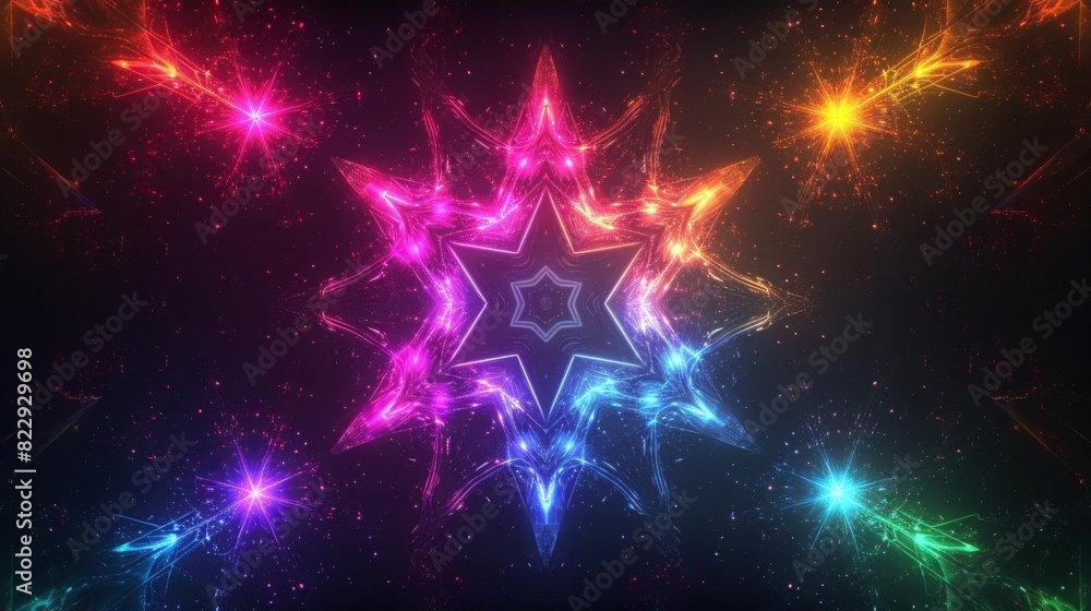 Poster an abstract background of a glowing six-pointed star with colorful light rays emanating from it.