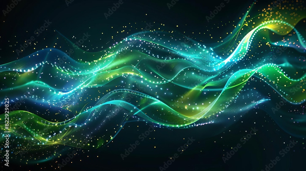 Poster create a seamless looping animation of glowing blue and green particles flowing and swirling against