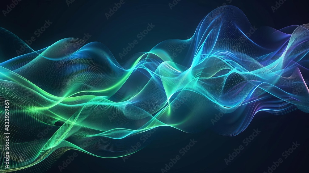 Poster create a seamless looping animation of glowing blue and green light waves flowing and undulating aga