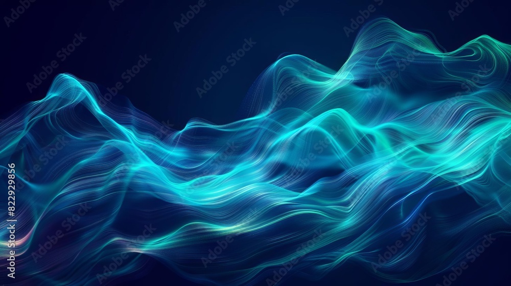 Poster create a 3d rendering of a mountain range using a blue and green color scheme