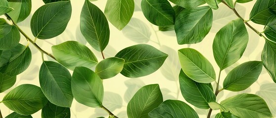 Fototapeta premium A seamless pattern of green leaves on a light yellow background.