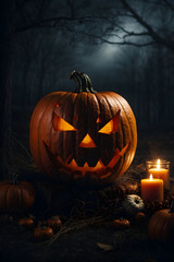 Fototapeta premium Halloween glowing pumpkins, dark and moody black theme, creepy and macabre halloween scary pumpkin