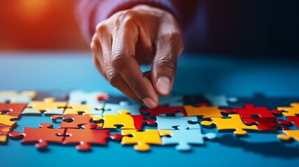 Fototapeta premium Abstract business challenge: close-up of puzzle piece last placing in hands - competitive decision making and patience concept - jigsaw finger sport skill in human hand.
