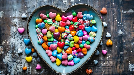 top view of colorful candy sweets in a heart shaped plate for valentines day - Powered by Adobe