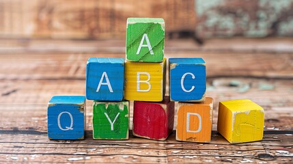 Toy building blocks stacked to spell out ABC