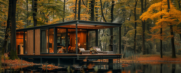 Lakeside modern cabin surrounded by autumn foliage reflects tranquility and design.