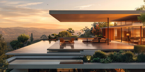 Fototapeta premium Sleek modern terrace with a fireplace and a rooftop view of a sunset cityscape in a luxurious setting.
