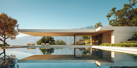 Fototapeta premium Minimalist luxury: a tranquil pool reflects a clear blue sky at a high-end villa with a modern edge.