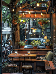 Naklejka premium raining day cafe shop in the city, lofi