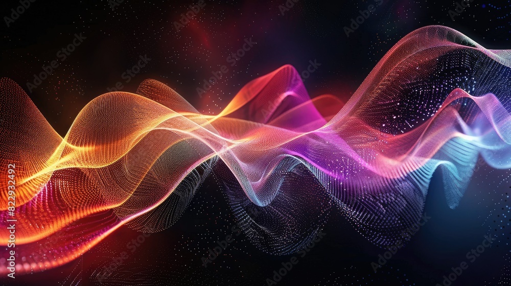 Poster abstract image of pulsating light waves against a dark background, with sound waves depicted as dyna