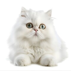 Mesmerizing Gaze of a Fluffy White Persian Cat Lounging on a Pure Background