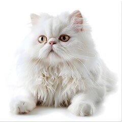 Elegant and Captivating White Persian Cat with Mesmerizing Gaze Lounging Peacefully on Isolated Background