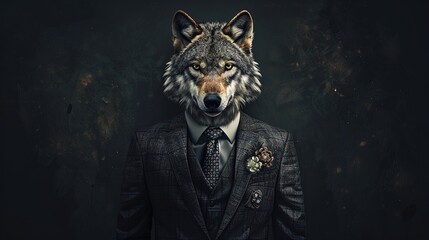 Wolf wearing a textured suit and tie with a flower lapel pin. Studio portrait on a dark background. Strength and leadership concept for design and print