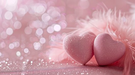 Fototapeta premium two pink hearts on a light pink glitter background with light pink feathers