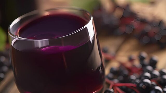 A closeup of a glass filled with a rich darkhued elderberry elixir promising a boost of antioxidants and immune support.