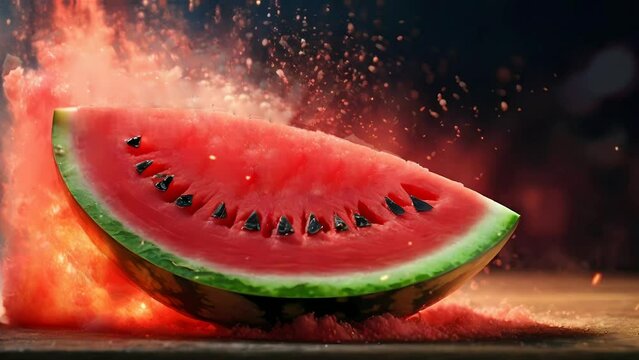 slice of watermelon on fire, seamless looping video animated background