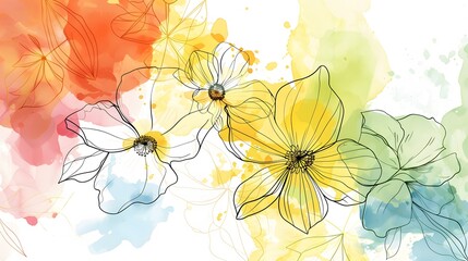 Fototapeta premium Abstract art background vector. Luxury minimal style wallpaper with golden line art flower and botanical leaves, Organic shapes, Watercolor. Vector background for banner, poster, Web and packaging.