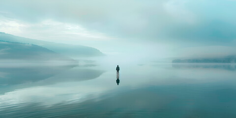 A lone person standing in the middle of a lake  person standing on a lake surrounded by fog