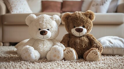 Two smiling white and brown teddy bears sitting on carpet at sofa and pillows at nursery room