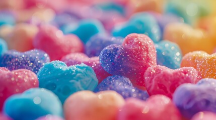 Valentine Day greeting card background with colorful soft candy pillow hearts