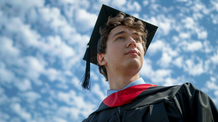 Hopeful young male graduate looking up towards the sky