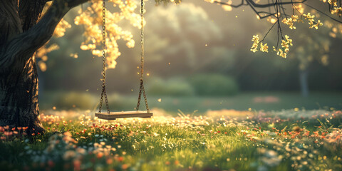 A swing is hanging between two trees in a field of flowers or park