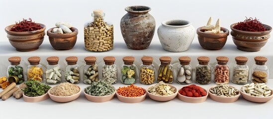 Diverse Array of Chinese Herbal Remedies in Artful Ceramic Arrangement on Plain White Background