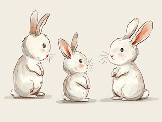 Fototapeta premium A charming illustration of three cute white bunnies standing on a light background, perfect for children's books or Easter themes.