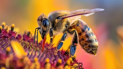 Close-up of a bee delicately sipping nectar from a vibrant sunflower, showcasing the intricate details of its wings - Powered by Adobe