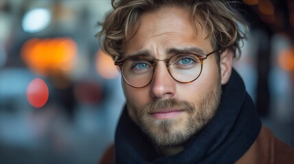 A man with glasses and scarf looking at the camera.