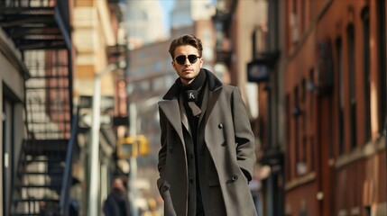 Fototapeta premium A man in a coat and sunglasses walking down a city street.