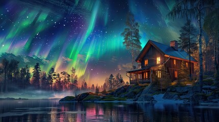 Colorful aurora borealis painting the sky over a traditional Finnish cottage nestled in the wilderness