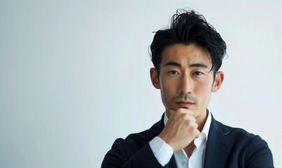 顎に手を置いて考える姿