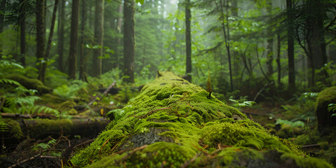  moss-covered log sits in a forest, with blurry trees in the background