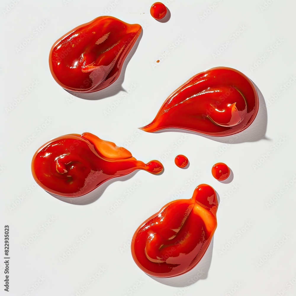 Poster floating blobs of ketchup captured from above with a clean backdrop