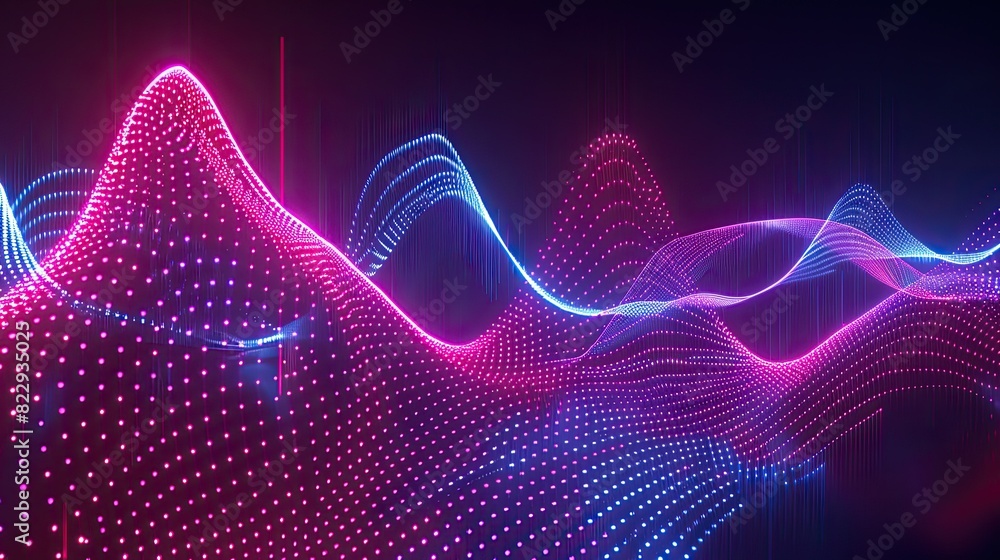 Poster glowing neon light waves pulsating against a dark background, juxtaposed with sound waves depicted a