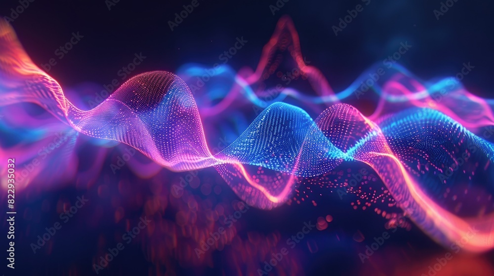 Poster glowing neon light waves pulsating against a dark background, juxtaposed with sound waves depicted a