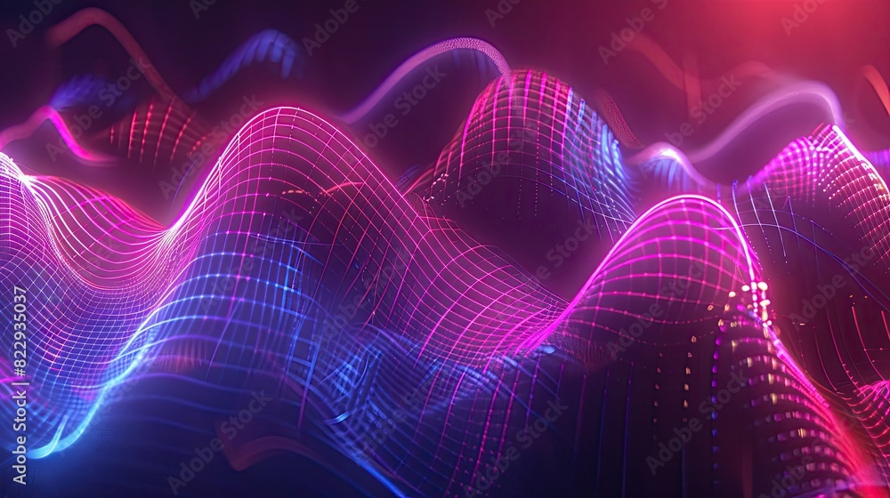 Poster glowing neon light waves pulsating against a dark background, juxtaposed with sound waves depicted a