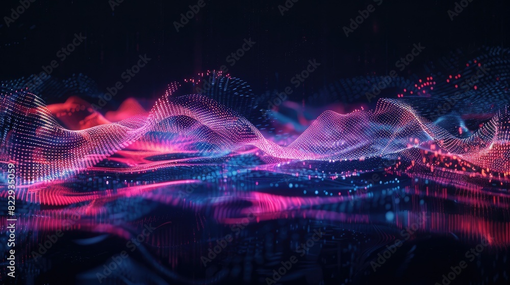 Poster glowing neon light waves pulsating against a dark background, juxtaposed with sound waves depicted a