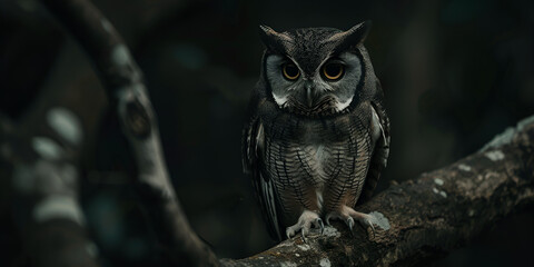 An owl with yellow eyes sits on a tree branch in the dark black background - Powered by Adobe