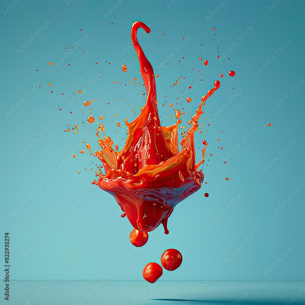 Poster high-angle image of ketchup creating a burst of color in mid-air