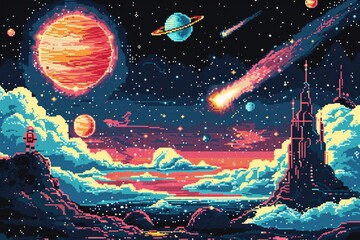 A pixelated space scene with cartoon astronauts, planets, and a spaceship exploring the galaxy.