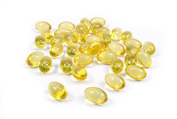 Food supplement Fish oil capsules on a white background. concept Medicine and healthcare