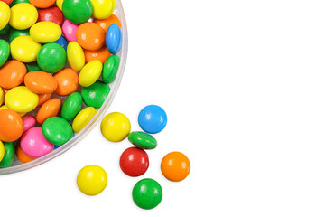 Colourful chocolate candies, multicolored glazed chocolate in a box on white background with clipping path.Top view Milk chocolate candy