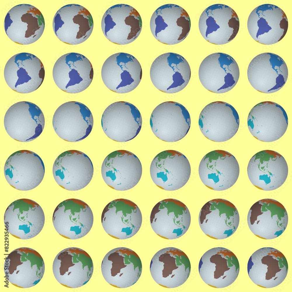 Poster collection of globes. tilted sphere view. rotation step 10 degrees. colored continents style. world 